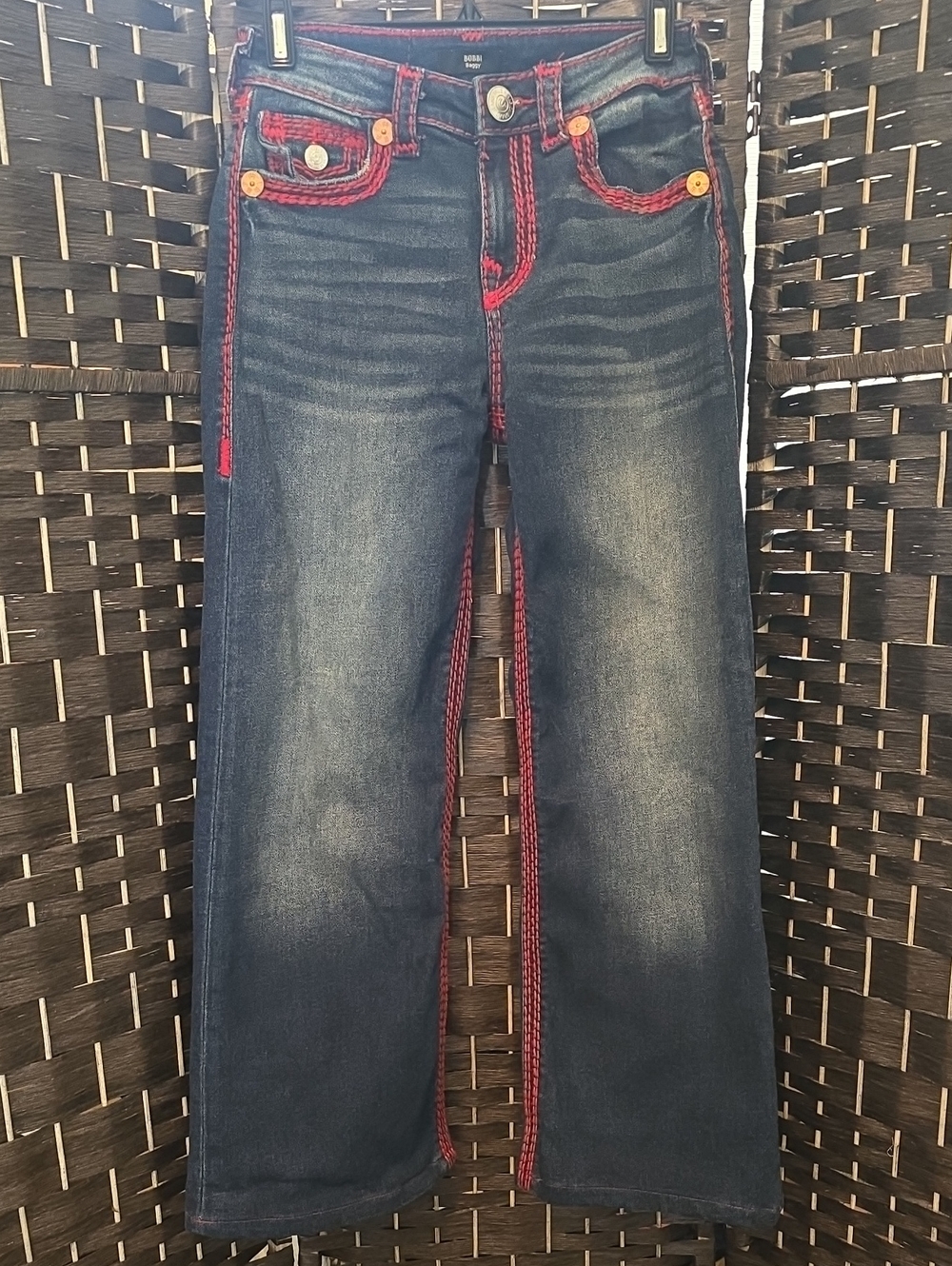 True Religion Bobbi Super Q Baggy Flap Jeans Red Stitch Low Rise Size 24